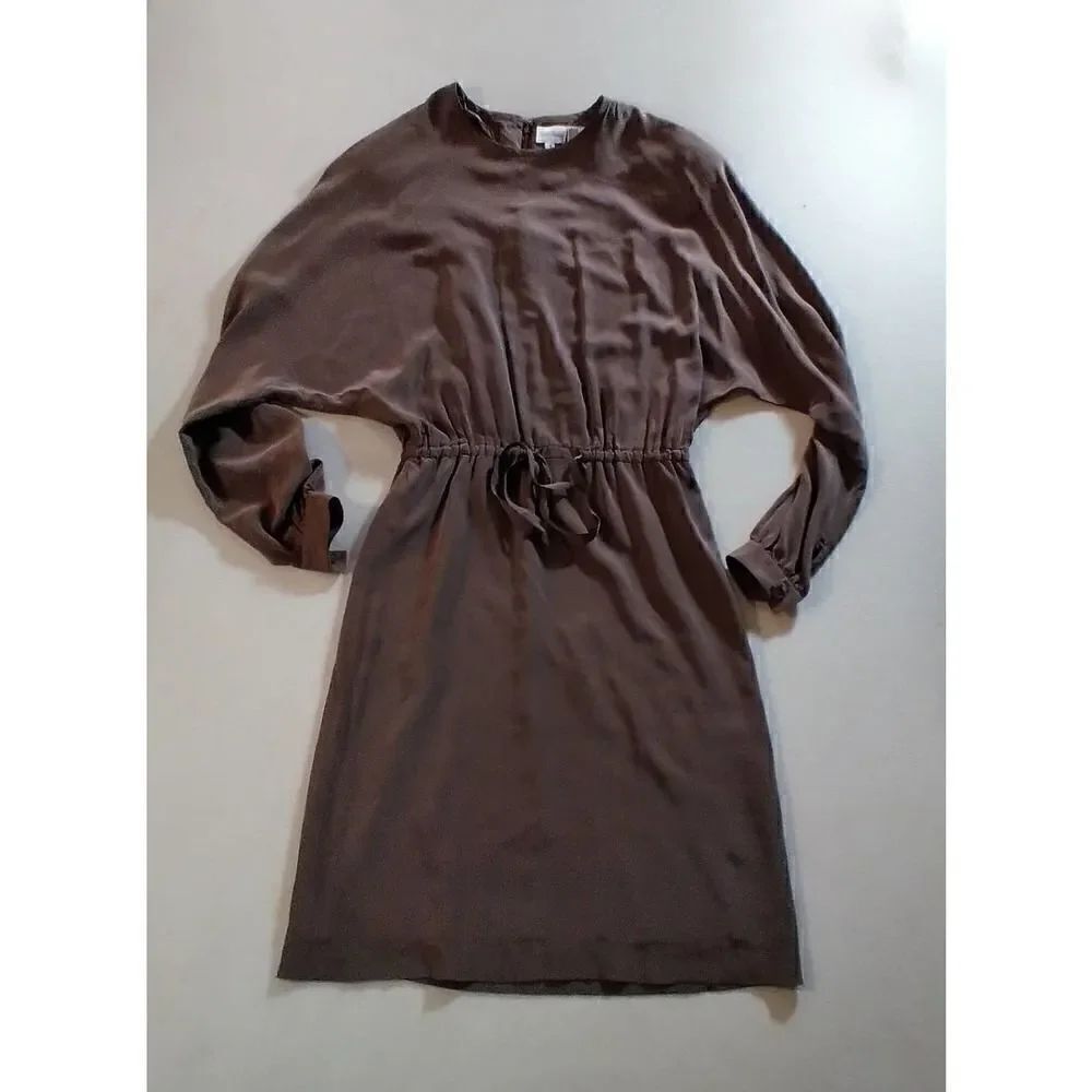VINTAGNEIMAN MARCUS SILK TIE WAISTED MIDI LONGSLEEVE DRESS SIZE 4 TAUPE BROWN